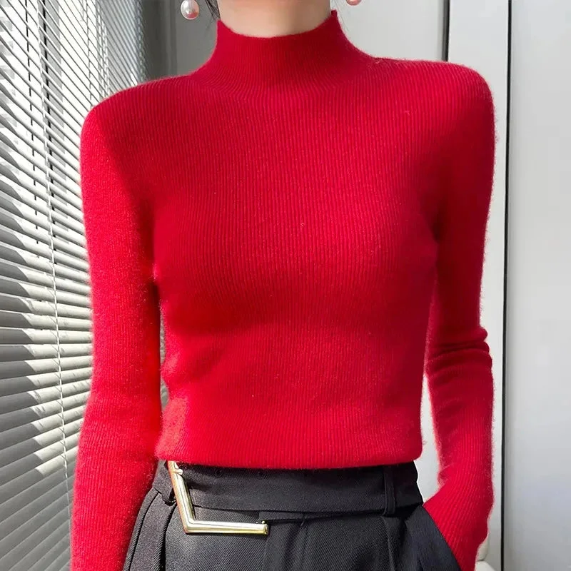 Autumn Winter Thick Knitted Sweater Women Fashion Korean Half Turtleneck Long Sleeve Sweater Harajuku All Match Warm Jumper