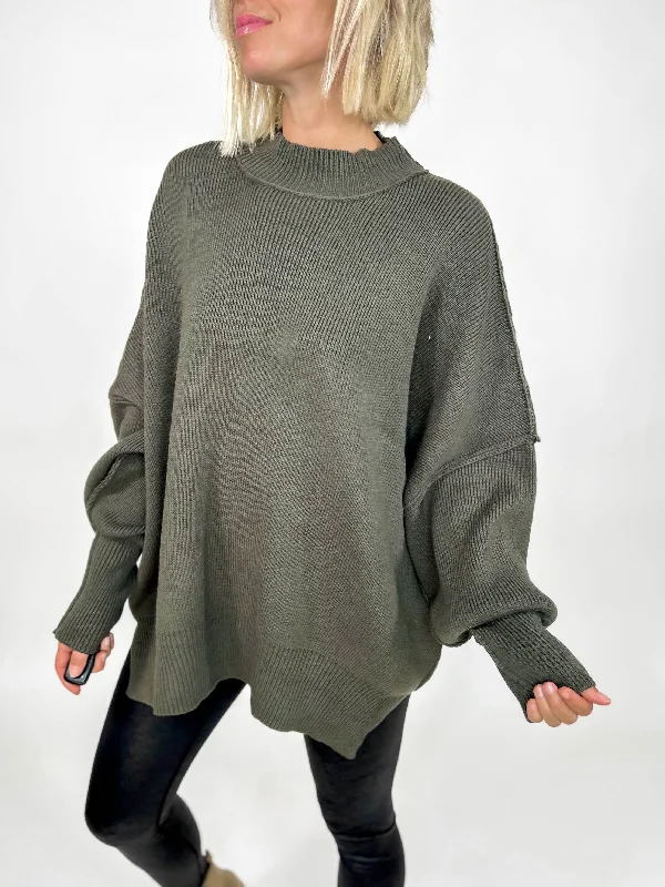 Quinlee Side Slit Sweater- DARK OLIVE