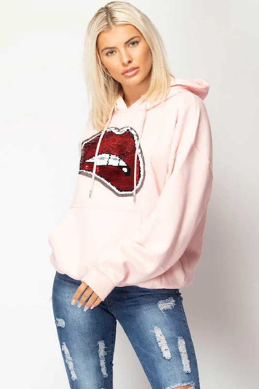 Sequin Lips Oversized Hoodie Pink