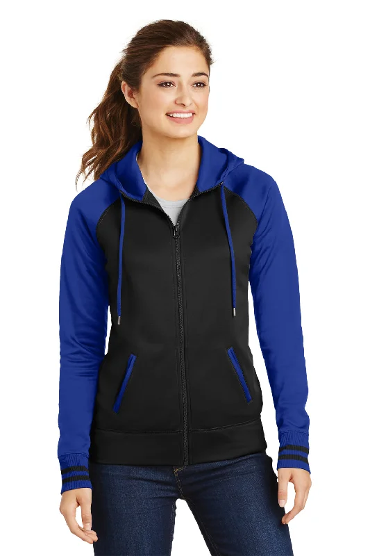 Sport-Tek Womens Sport-Wick Moisture Wicking Fleece Hooded Sweatshirt Hoodie - Black/True Royal Blue