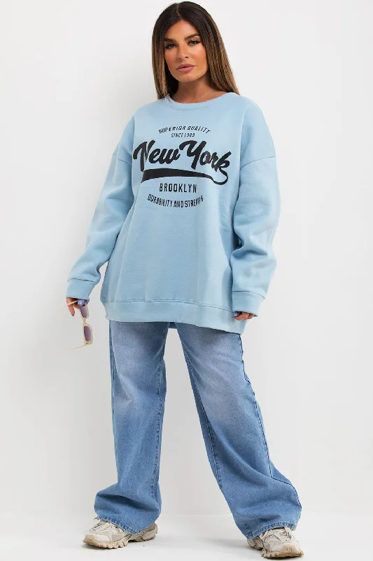 Sweatshirt With New York Slogan Oversized Fit Sky Blue