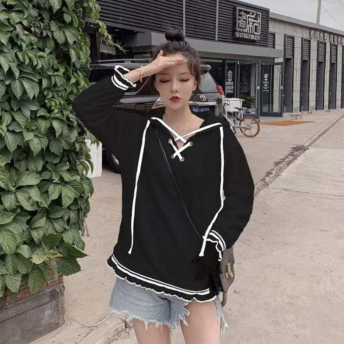 Women's Korean Fashion Lace-up Ruffles Hoodies