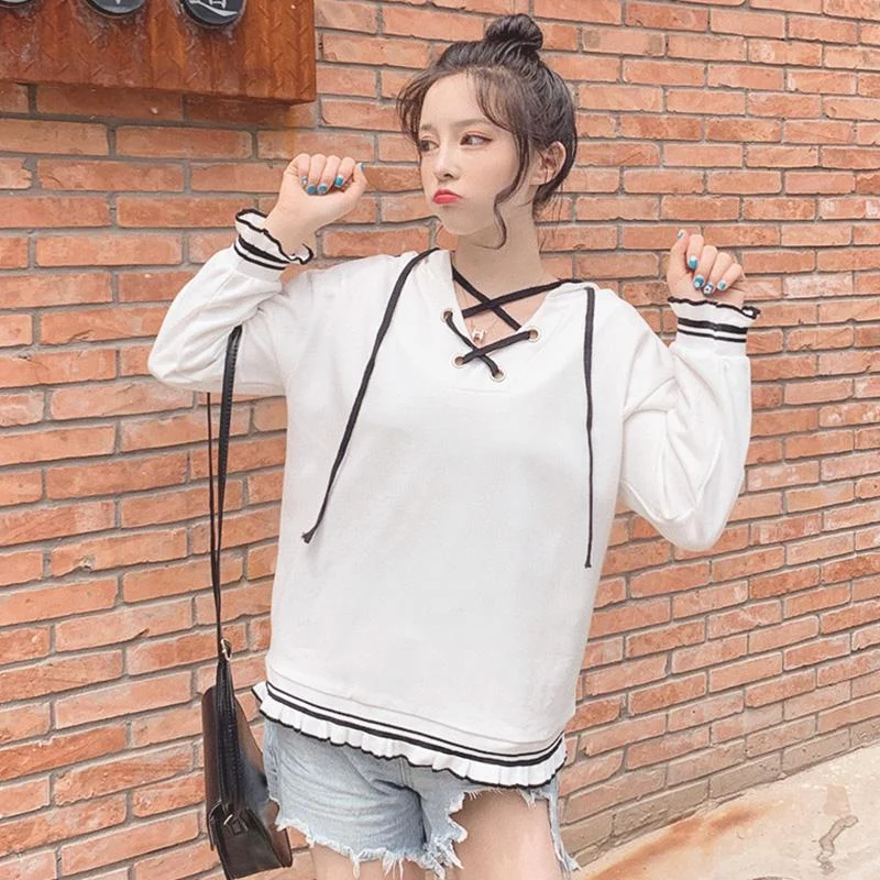 Women's Korean Fashion Lace-up Ruffles Hoodies