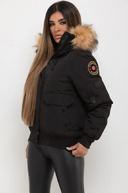 Canada Bomber Jacket With Fur Hood Black