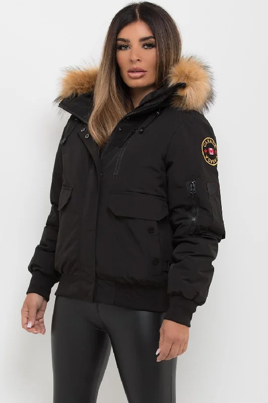 Canada Bomber Jacket With Fur Hood Black