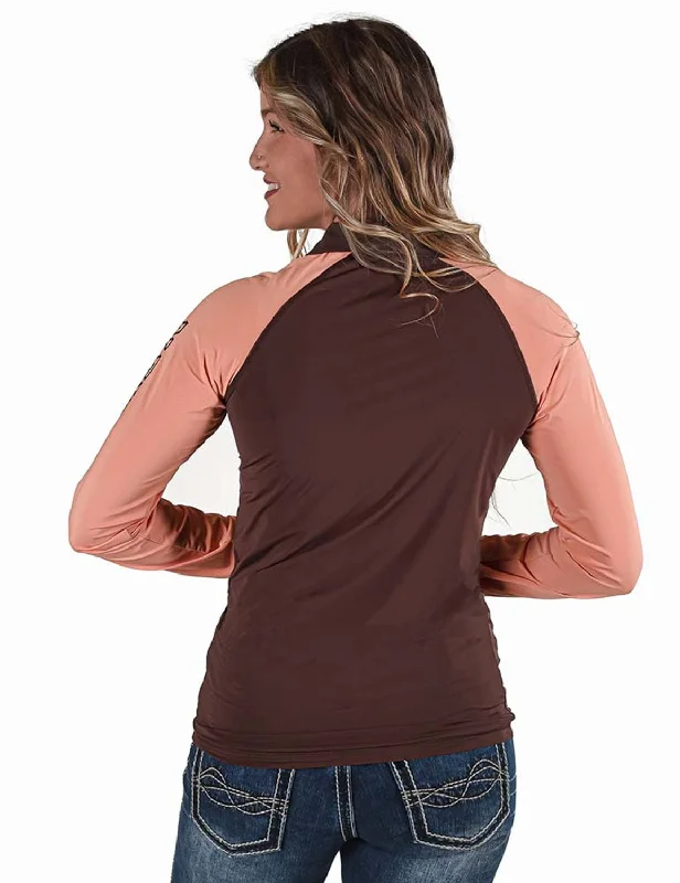 Cowgirl Tuff Womens UPF Quarter Zip Brown/Coral Nylon Softshell Jacket