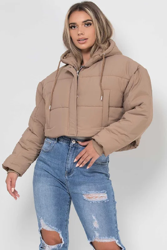 Crop Puffer Jacket With Hood Beige