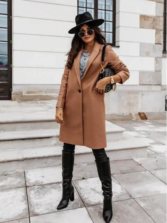 Chic Lapel Mid-Length Button Wool Coat