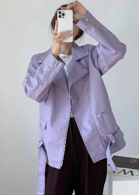 Stylish light Purple Zippered Pockets Patchwork Faux Leather Coats Fall