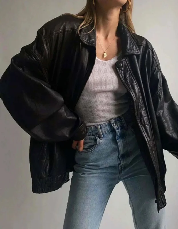 Women's Handmade Oversize Real Leather Black Bomber Jacket