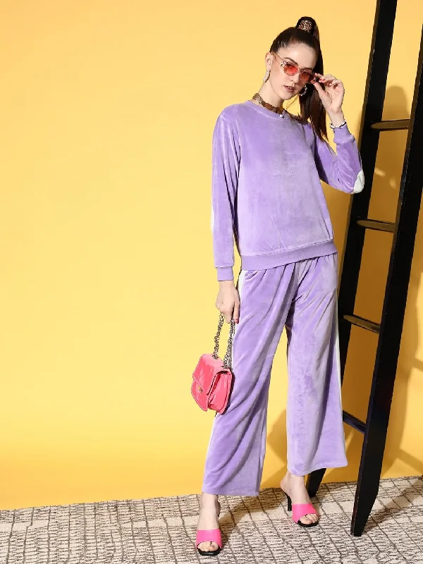 Women Lavender Velour Contrast Patch Sweatshirt