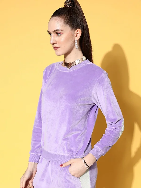 Women Lavender Velour Contrast Patch Sweatshirt