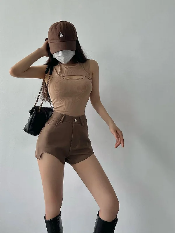 Charlotte Solid Color Wing Cut-Out High Waist Shorts