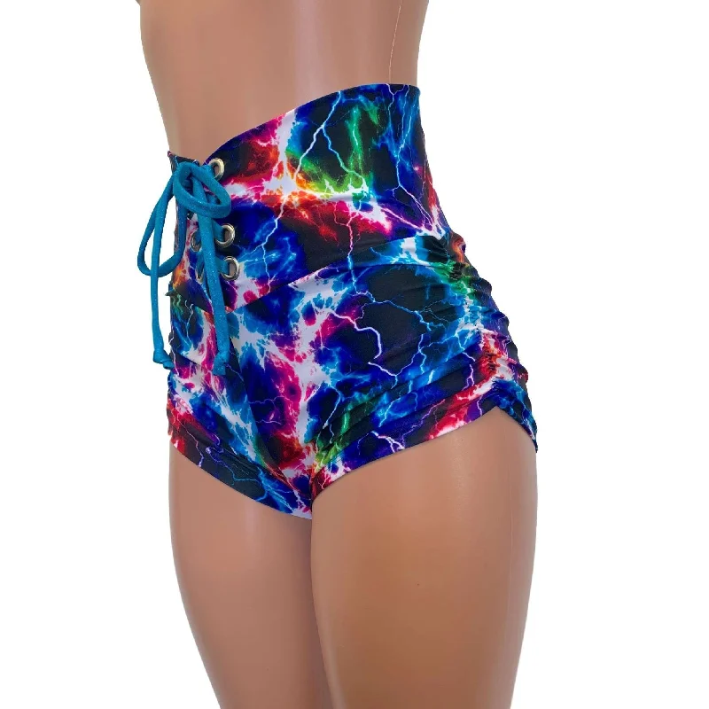 Lace-Up Ruched High Waist Booty Shorts - Sparkle Cosmic Thunder