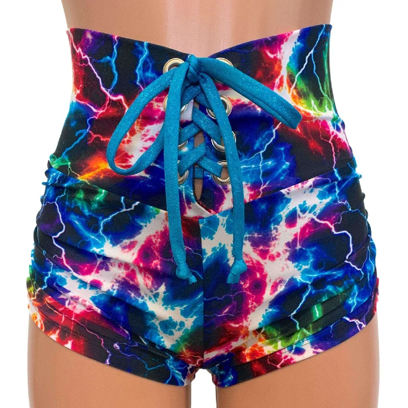 Lace-Up Ruched High Waist Booty Shorts - Sparkle Cosmic Thunder