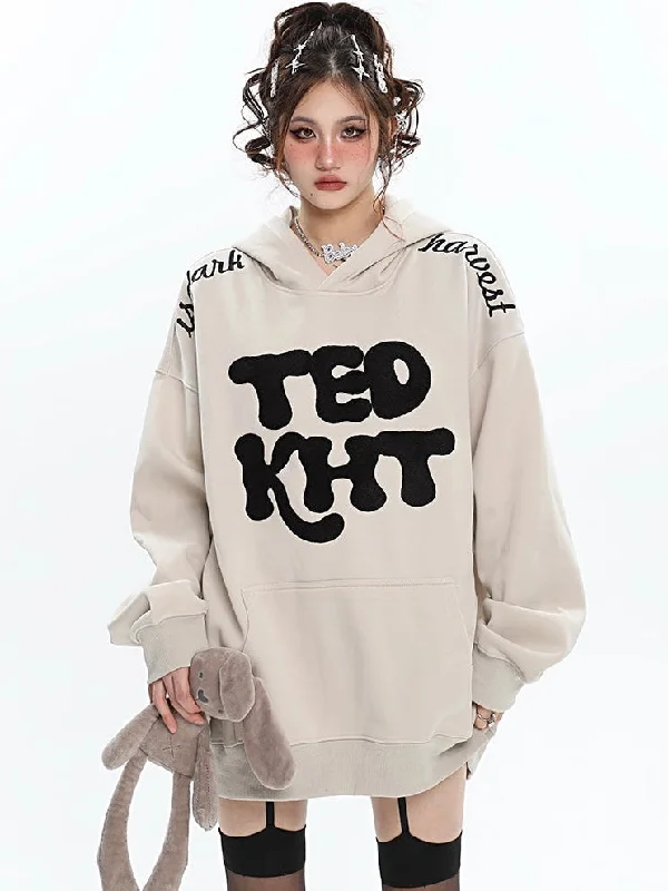 TEDKHT Letter Embroidery Solid Color Lonf Sleeve Hoodie