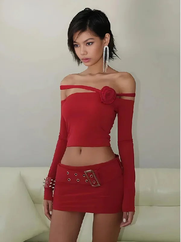 Baddie Rose Asymmetric Off Shoulder Top