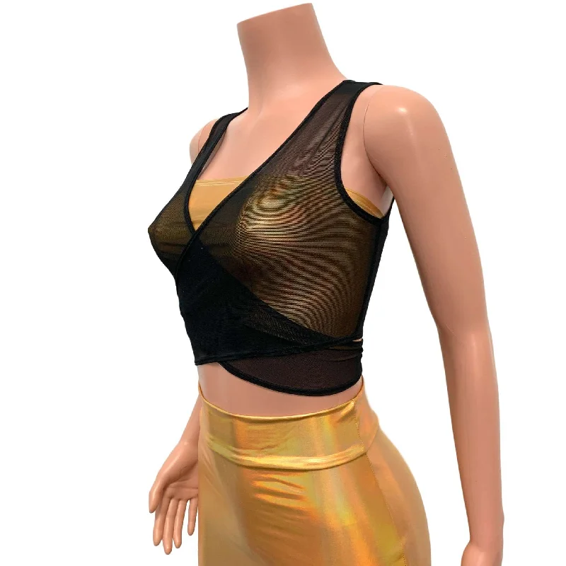 Black Mesh Wrap Top - Rave Tie Top - Choose Sleeve Length