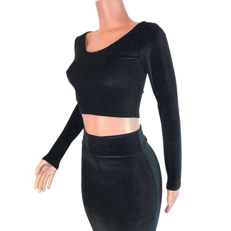 Long Sleeve Crop Top - Black Velvet