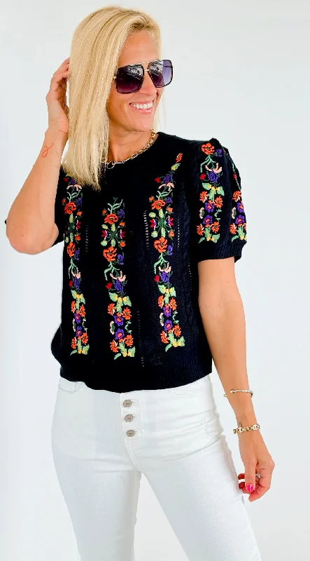 Embroidered Short-Sleeved Crew Neck Sweater -  Black