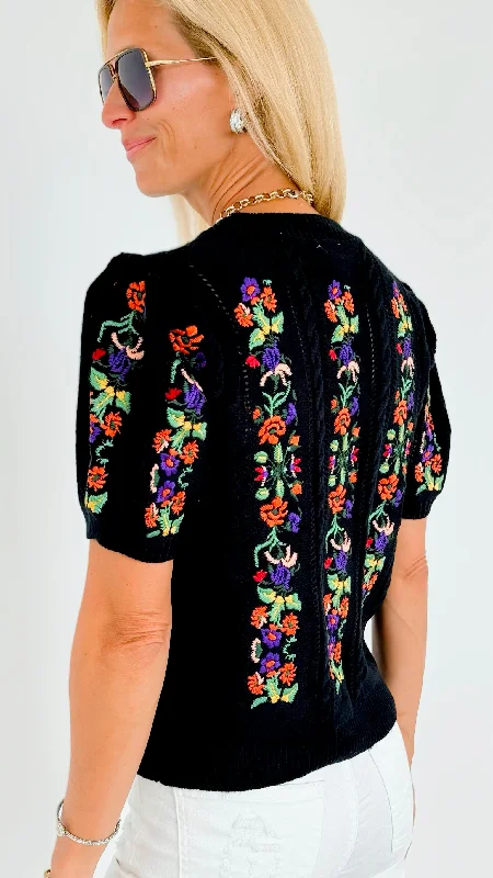 Embroidered Short-Sleeved Crew Neck Sweater -  Black