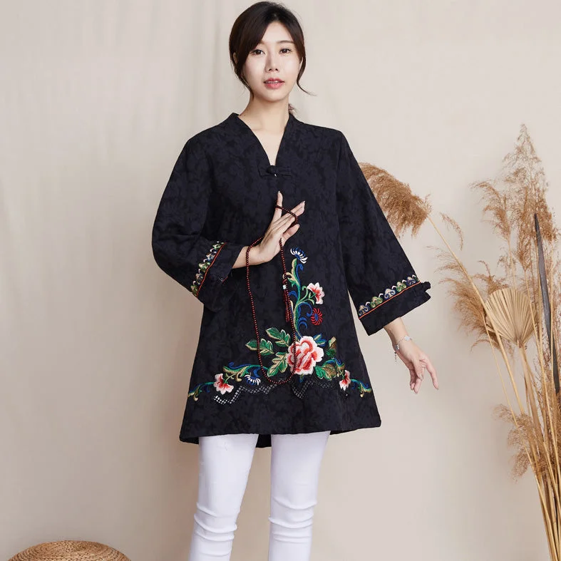 Floral Embroidery Fancy Cotton Retro Chinese Blouse Zen Coat