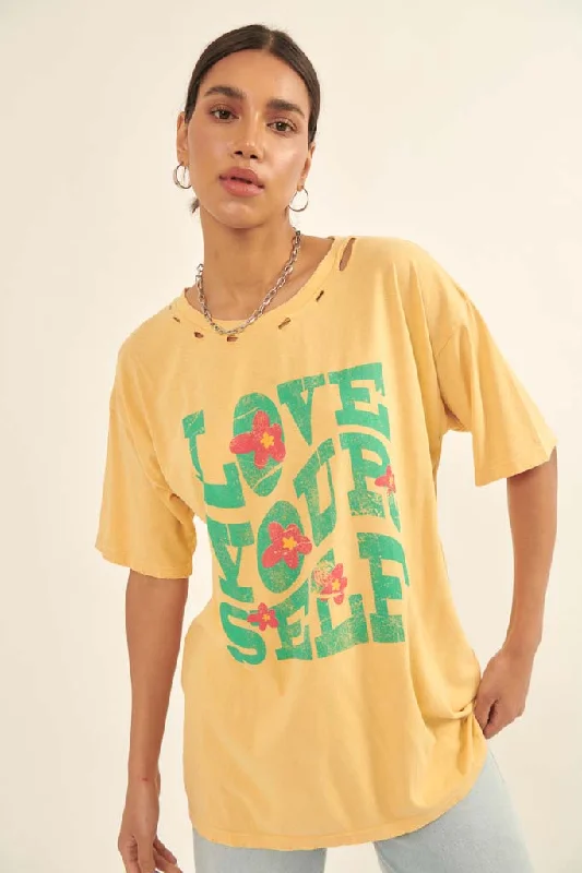 Love Yourself Distressed Vintage-Wash Graphic Tee