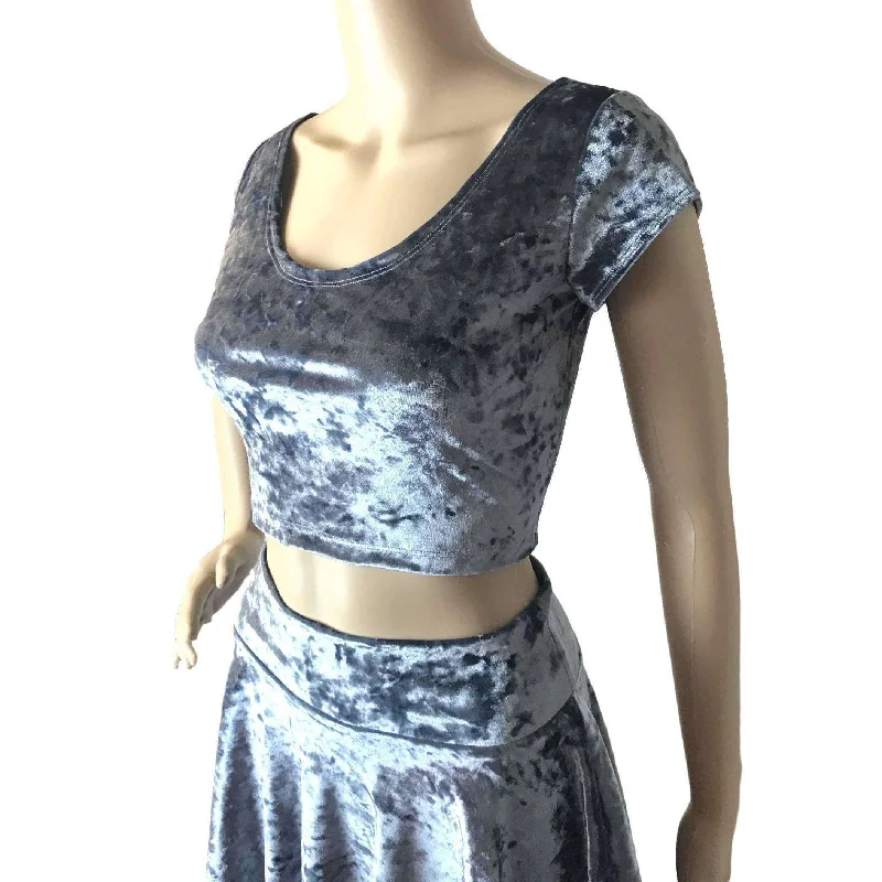 Cap Sleeve Crop Top - Silver Gray Crushed Velvet