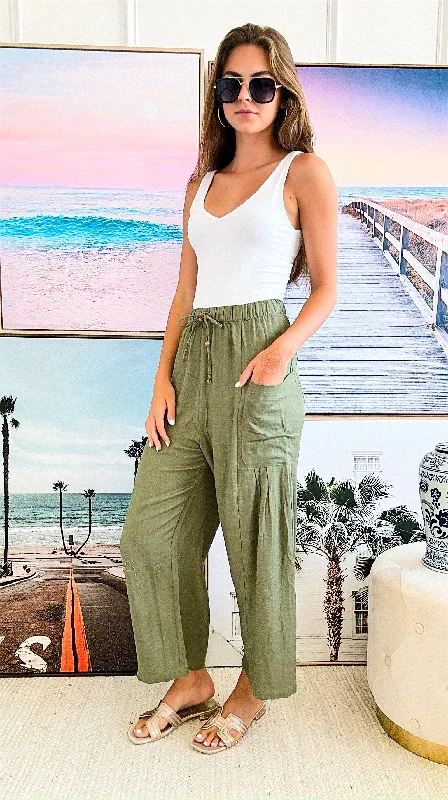 Linen Wide Leg Pants - Olive