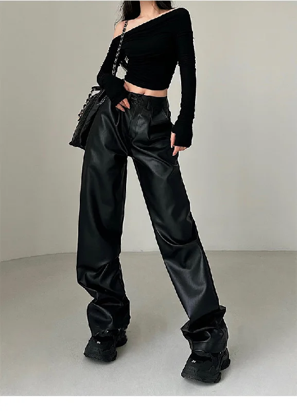 Mariah Solid Color Black Faux Leather Straight Leg High Waist Pants