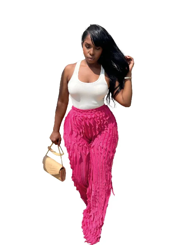 Mesh Wave Pattern Ruffled Loose High Waist Wide Leg Trousers（CL11768）