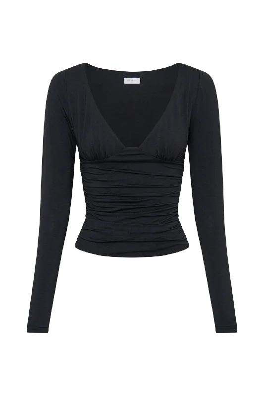 Sutton Ruched Long Sleeve Top - Black