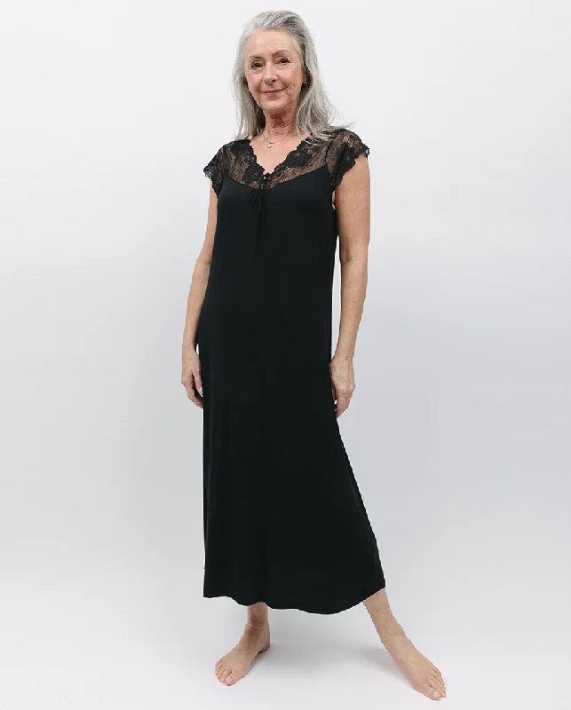 Winnie Black Lace Detail Jersey Long Nightdress